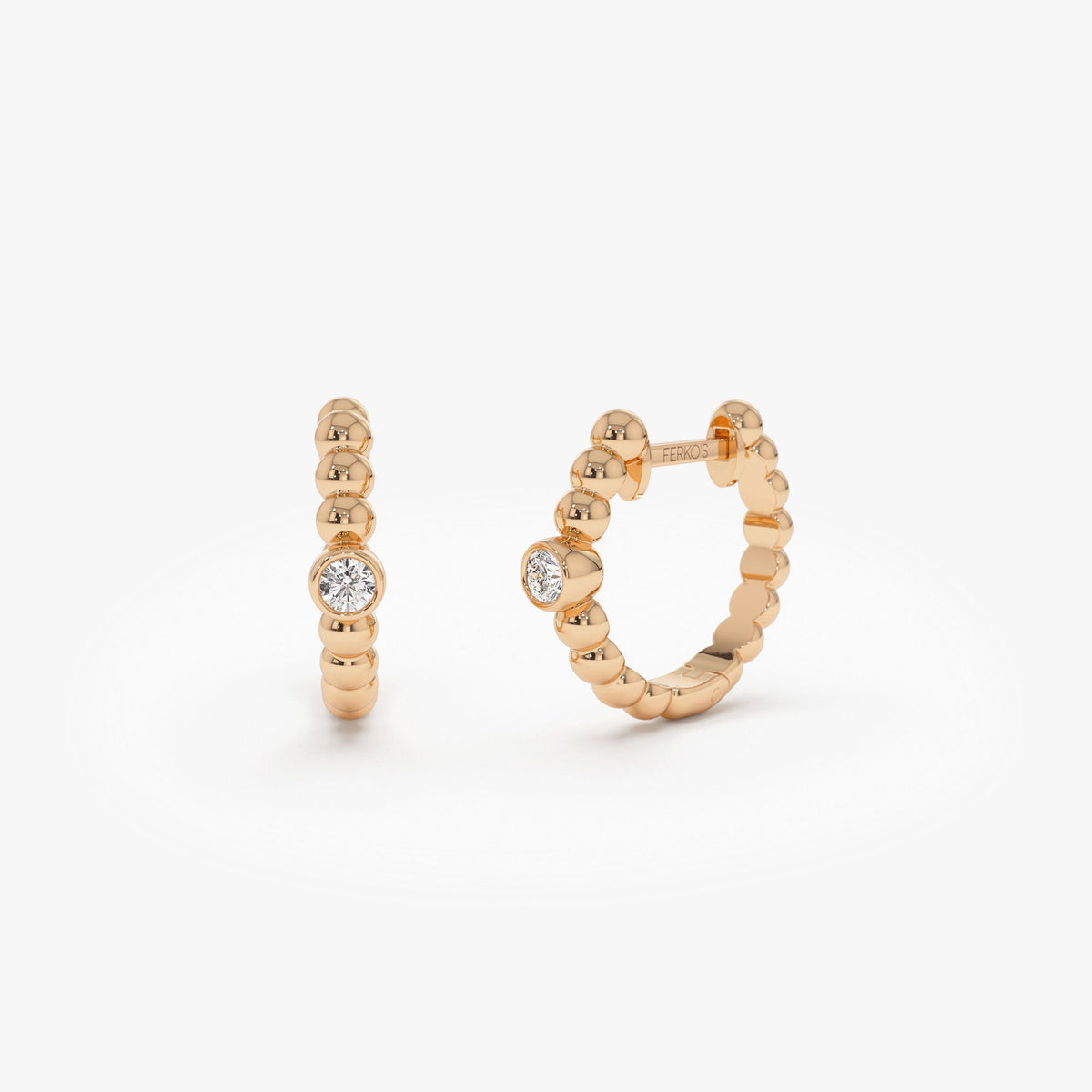 OBFJ1238 - Bezel Setting Beaded Diamond Huggies earrings in selectable metal and diamond options - Roselle Jewelry view 5