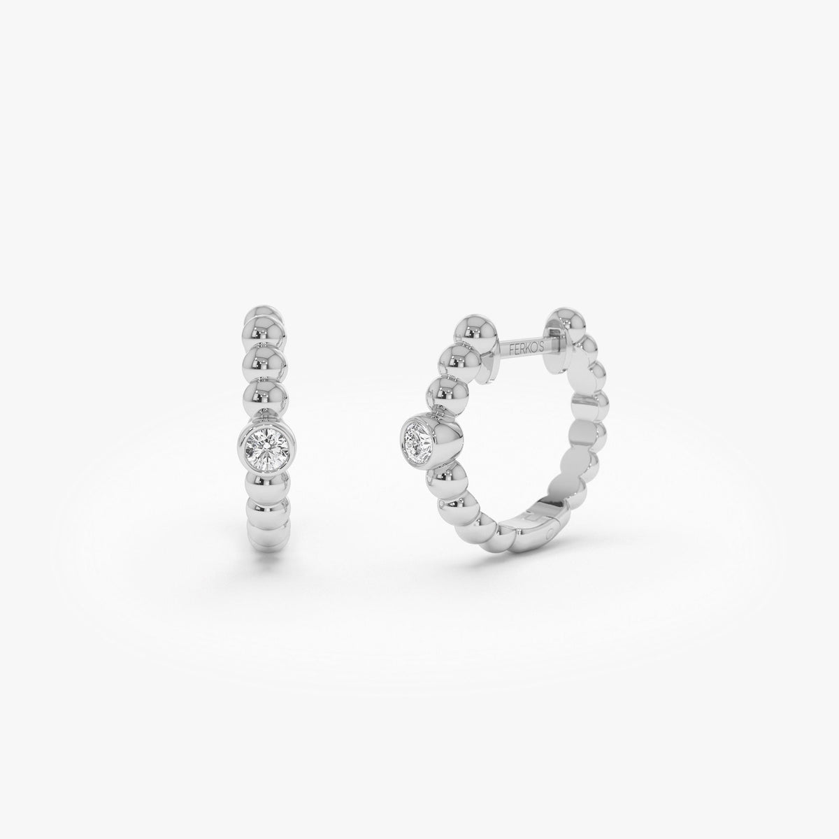 OBFJ1238 - Bezel Setting Beaded Diamond Huggies earrings in selectable metal and diamond options - Roselle Jewelry view 6