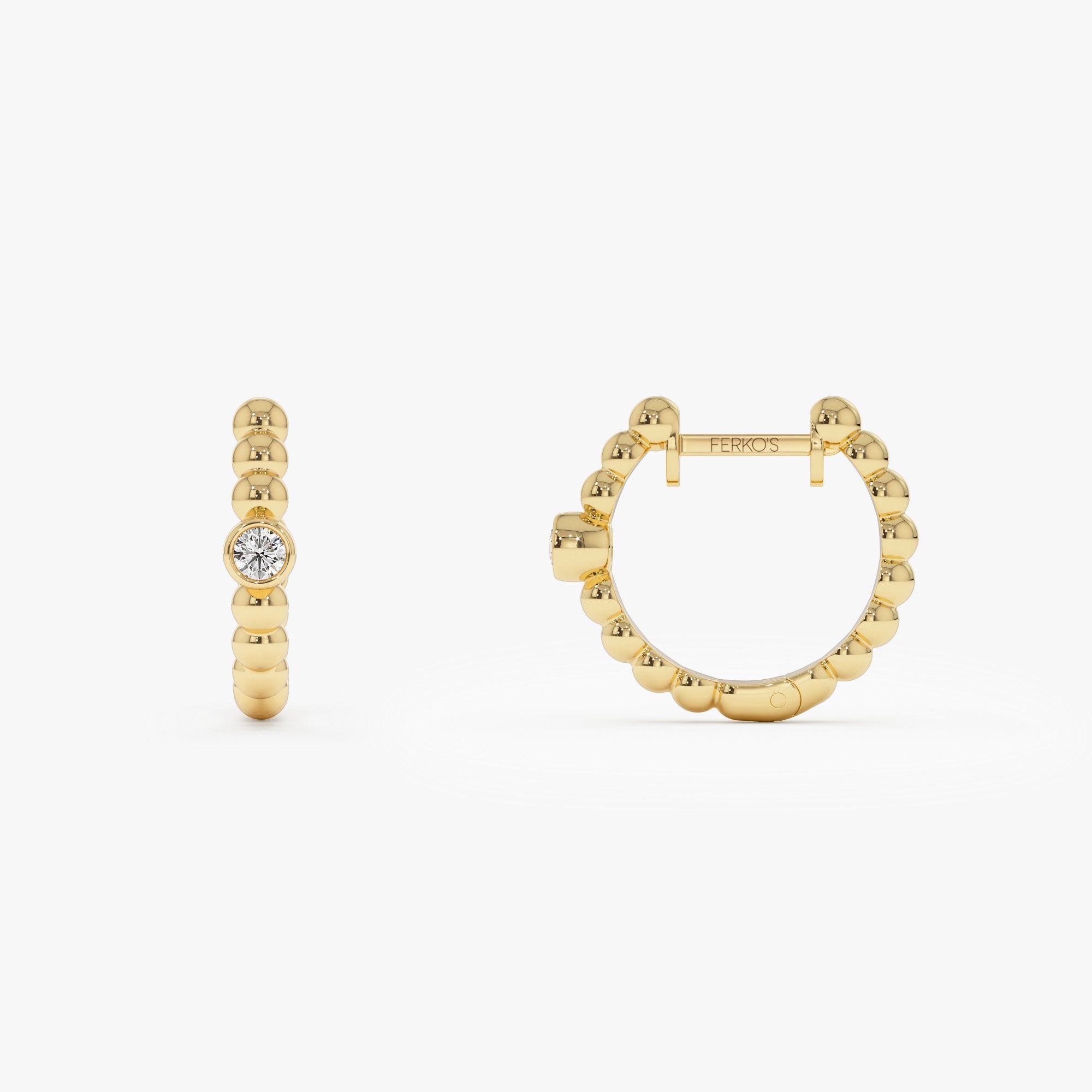 OBFJ1238 - Bezel Setting Beaded Diamond Huggies earrings in selectable metal and diamond options - Roselle Jewelry view 7