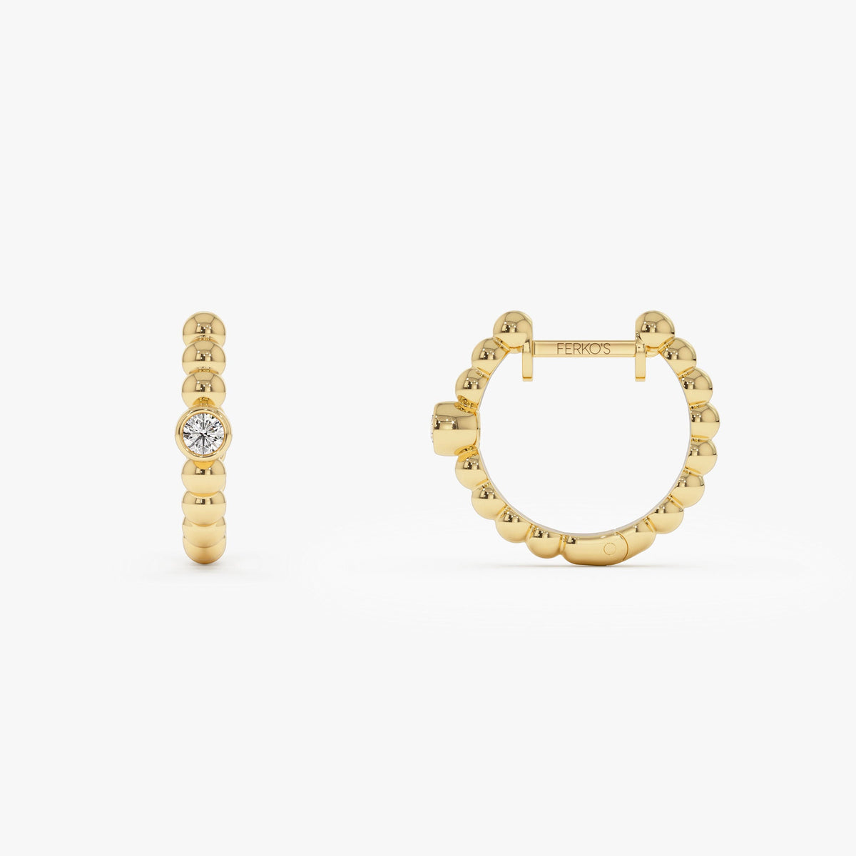 OBFJ1238 - Bezel Setting Beaded Diamond Huggies earrings in selectable metal and diamond options - Roselle Jewelry view 7