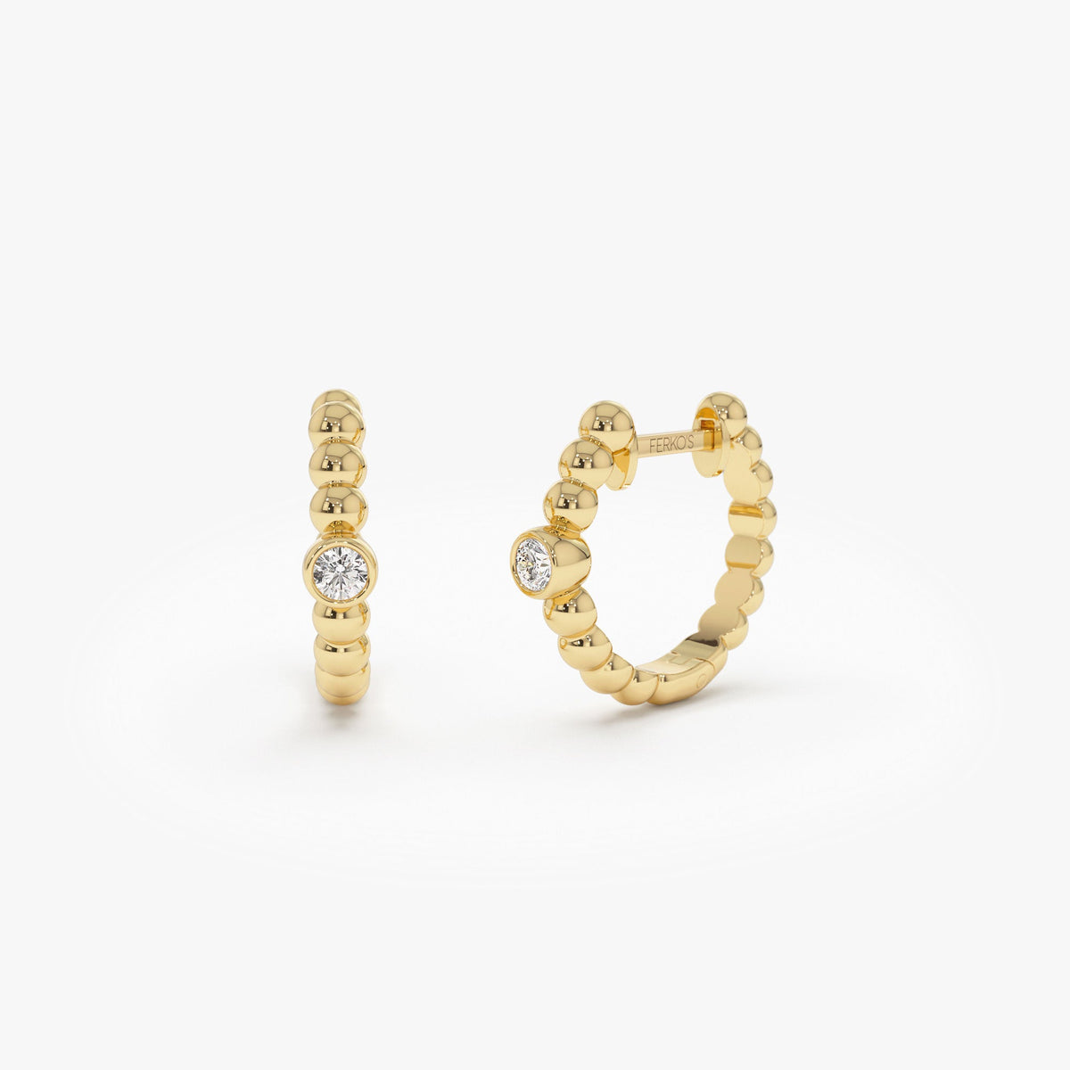 OBFJ1238 - Bezel Setting Beaded Diamond Huggies earrings in selectable metal and diamond options - Roselle Jewelry view 1