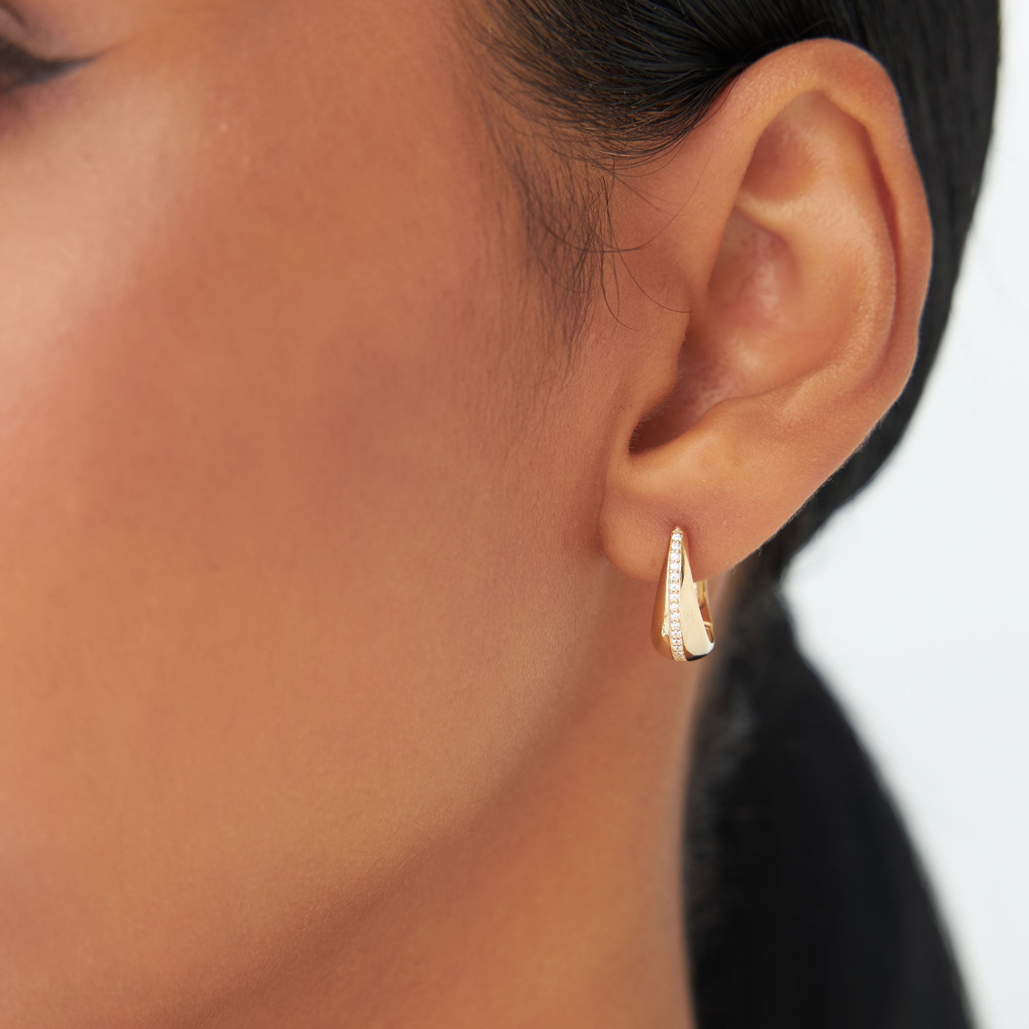 OBFJ1121 - Teardrop Diamond Hoop Earrings earrings in selectable metal and diamond options - Roselle Jewelry view 4