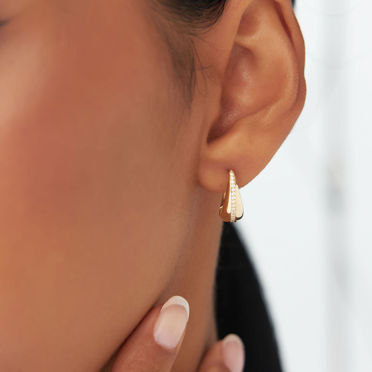 OBFJ1121 - Teardrop Diamond Hoop Earrings earrings in selectable metal and diamond options - Roselle Jewelry view 2