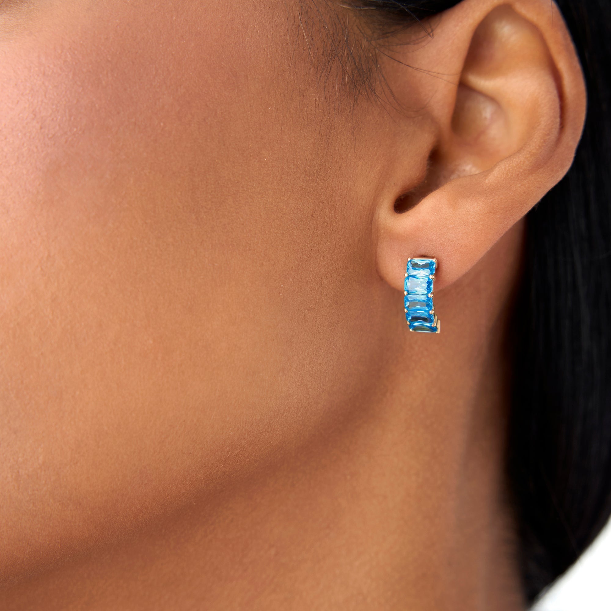 OBFJ0804 - 14K Emerald Cut London Blue Topaz  Half Hoop Earrings 2