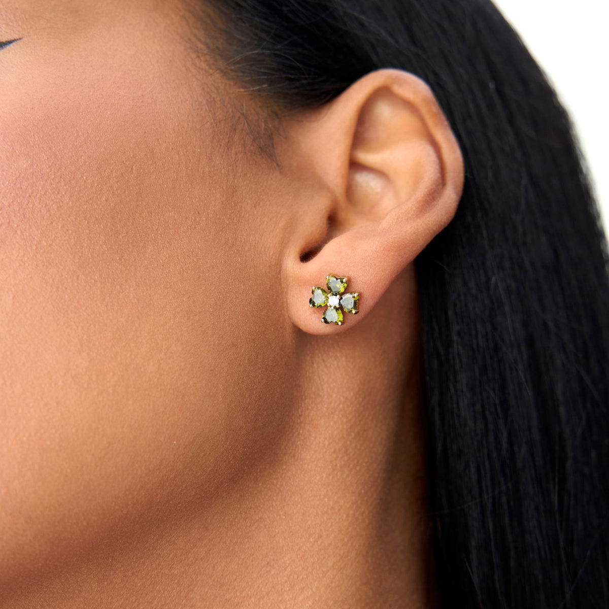 OBFJ0797 - Peridot Four Leaf Clover Studs earrings in selectable metal and diamond options - Roselle Jewelry view 7