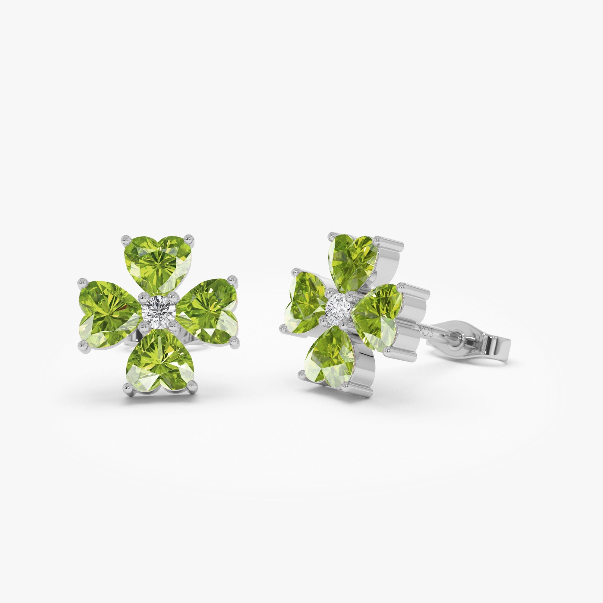 OBFJ0797 - Peridot Four Leaf Clover Studs earrings in selectable metal and diamond options - Roselle Jewelry view 4