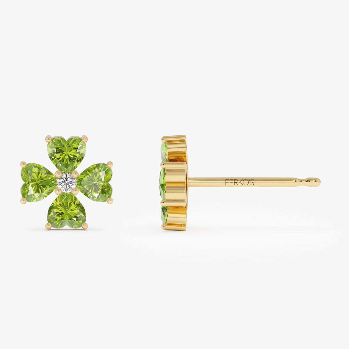 OBFJ0797 - Peridot Four Leaf Clover Studs earrings in selectable metal and diamond options - Roselle Jewelry view 5