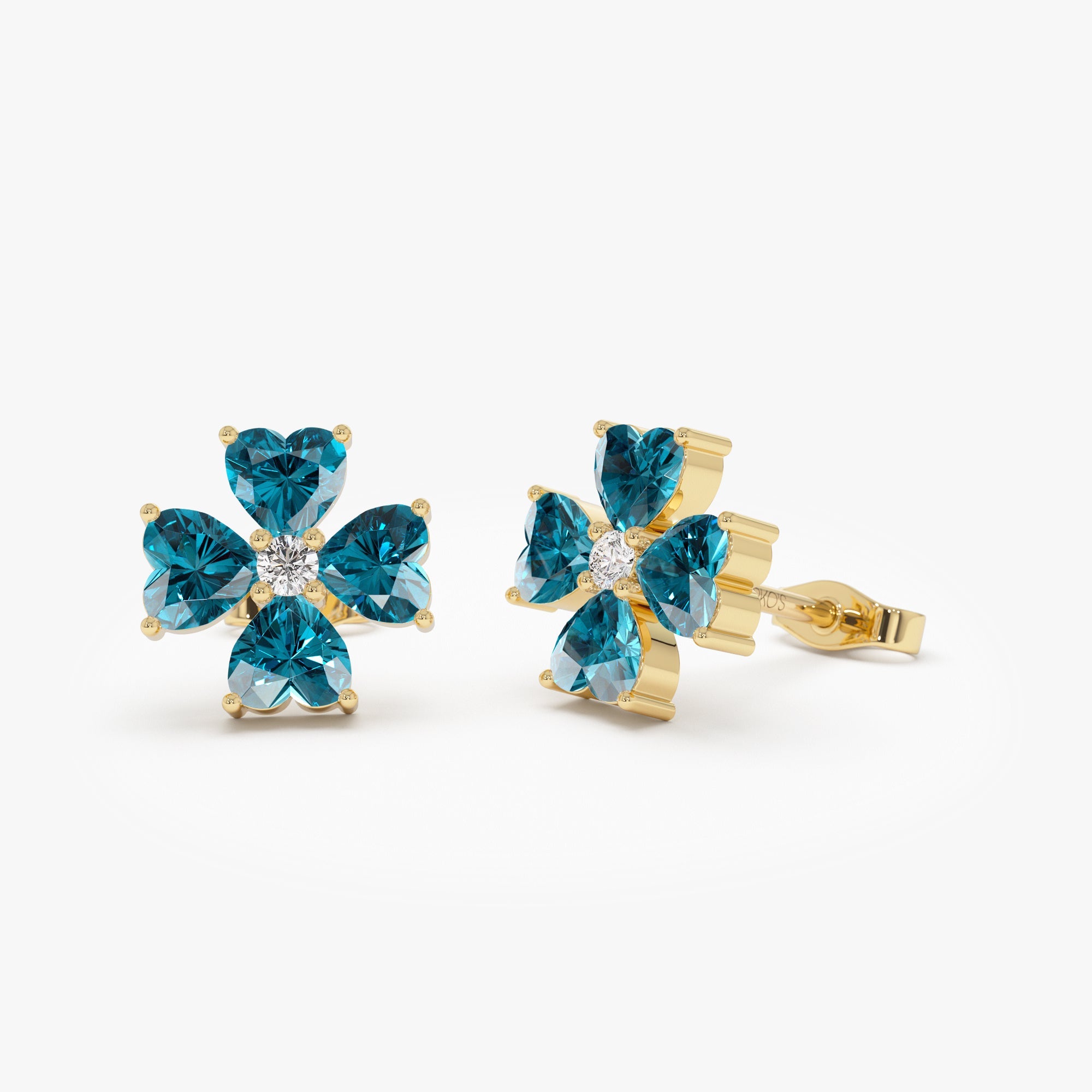 OBFJ0800 - 14k  London Blue Topaz Four Leaf Clover Studs 1
