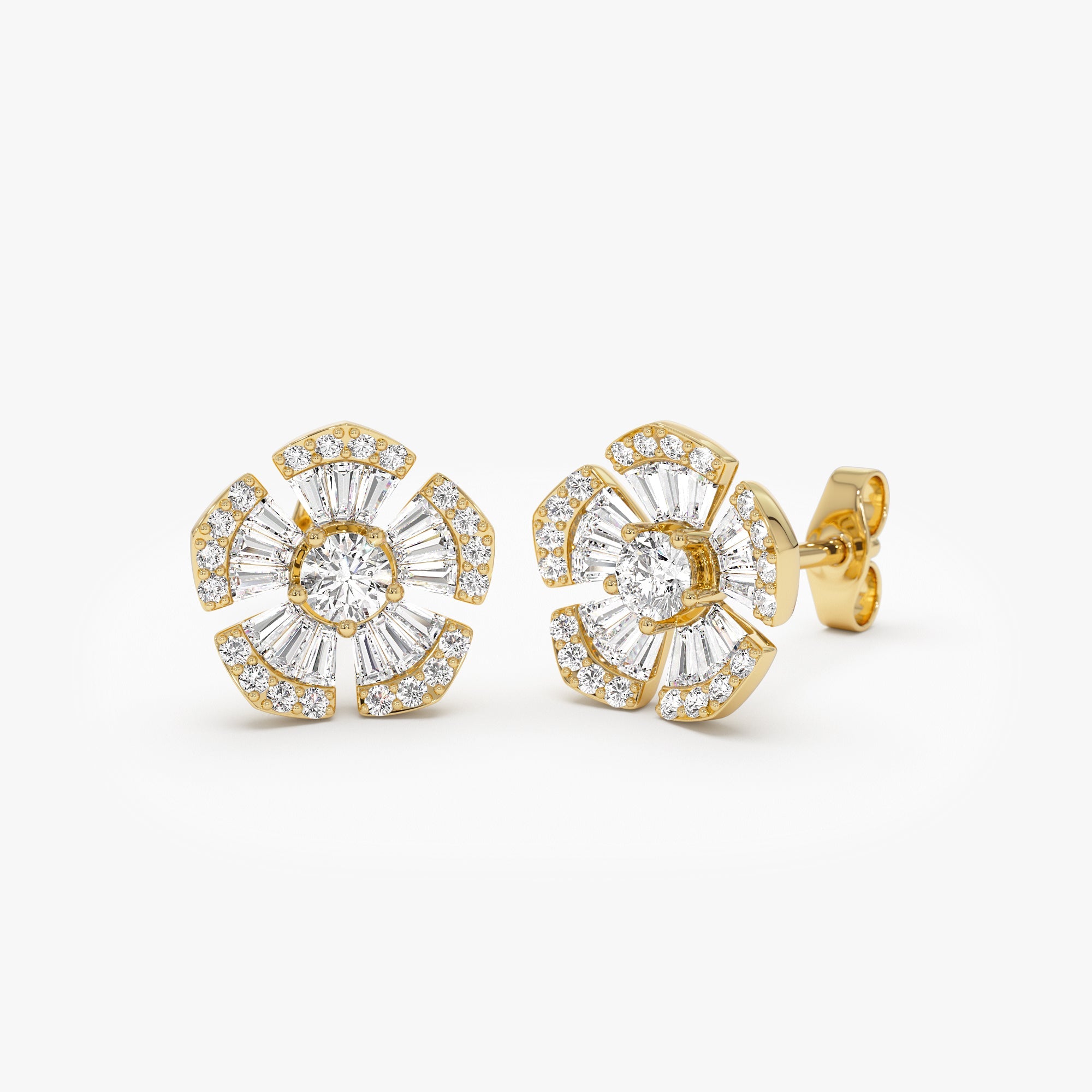 OBFJ0999 - 14k Baguette & Round Diamond Unique Flower Earrings 8