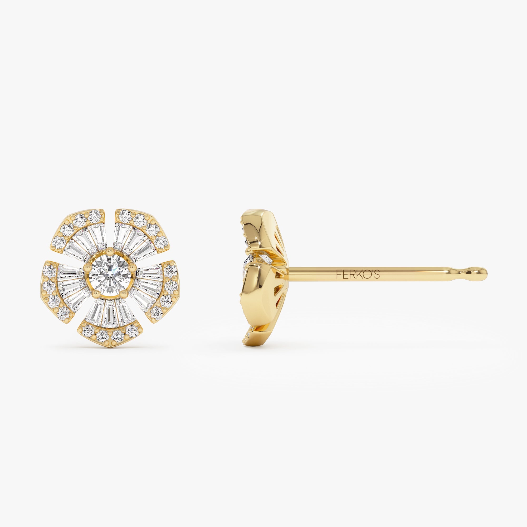 OBFJ0999 - 14k Baguette & Round Diamond Unique Flower Earrings 7
