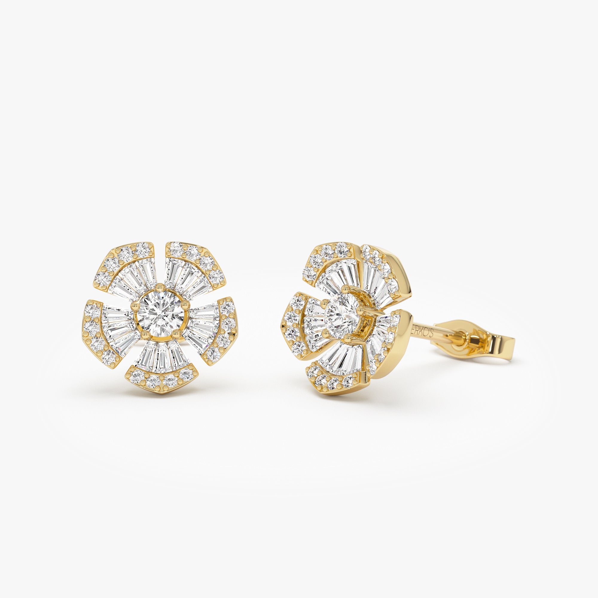 OBFJ0999 - 14k Baguette & Round Diamond Unique Flower Earrings 1