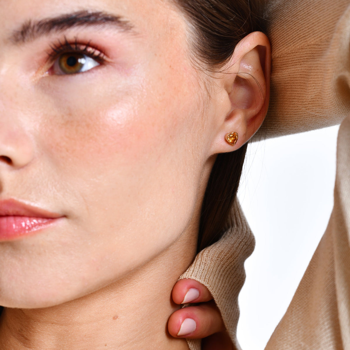 OBFJ0489 - Heart Shaped Citrine Stud Earrings earrings in selectable metal and diamond options - Roselle Jewelry view 2