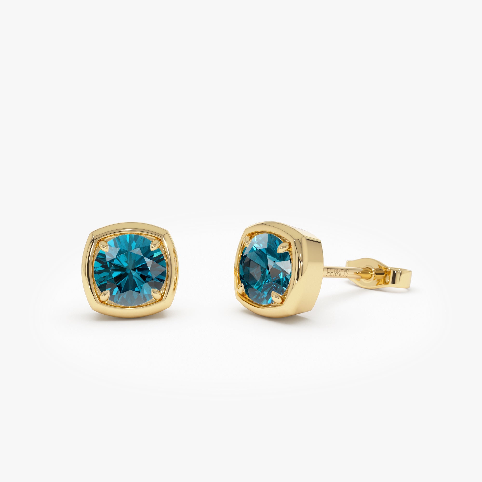 OBFJ0496 - 14K Cushion Shaped Round London Blue Topaz Stud Earrings 1