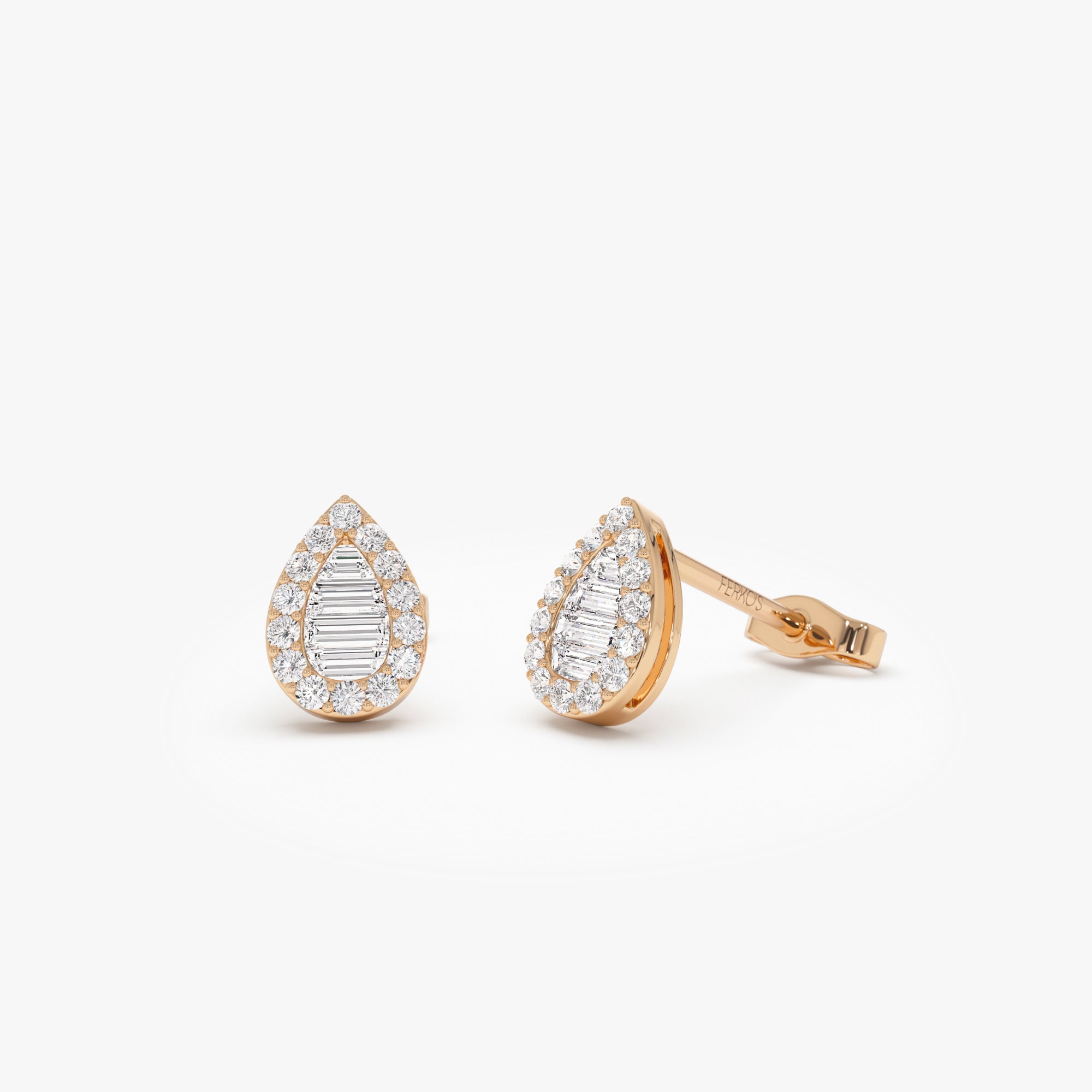 OBFJ0671 - 14k Baguette and Round Diamond Pear Studs 5