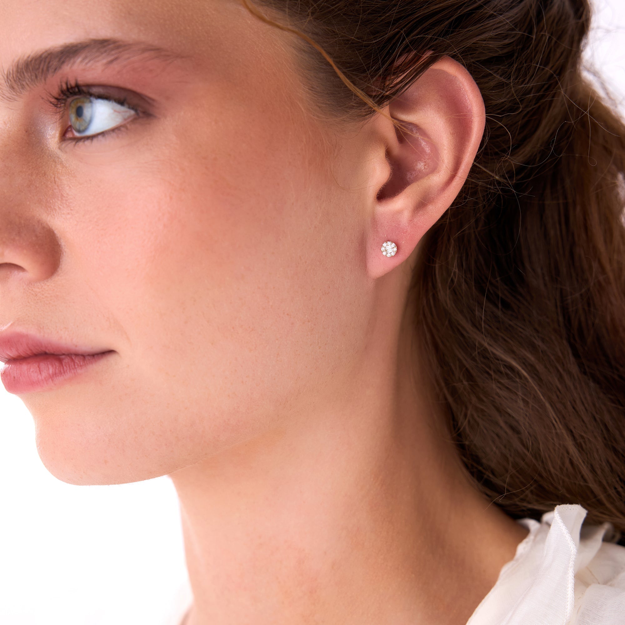 OBFJ0657 - Baguette Diamond Halo Earrings earrings in selectable metal and diamond options - Roselle Jewelry view 4