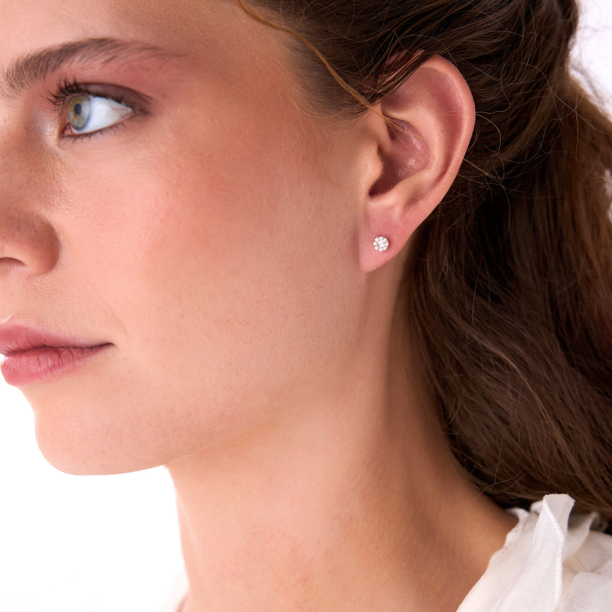 OBFJ0657 - Baguette Diamond Halo Earrings earrings in selectable metal and diamond options - Roselle Jewelry view 4