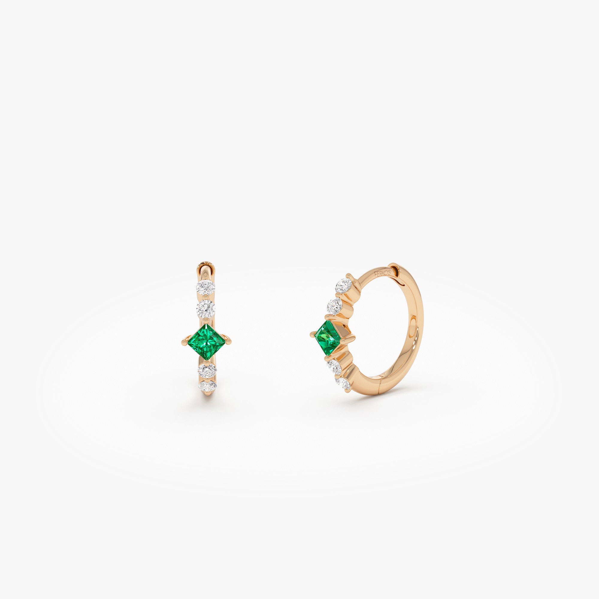 OBFJ0627 - 14k Princess Cut Emerald and Diamond Hoop Earrings 6