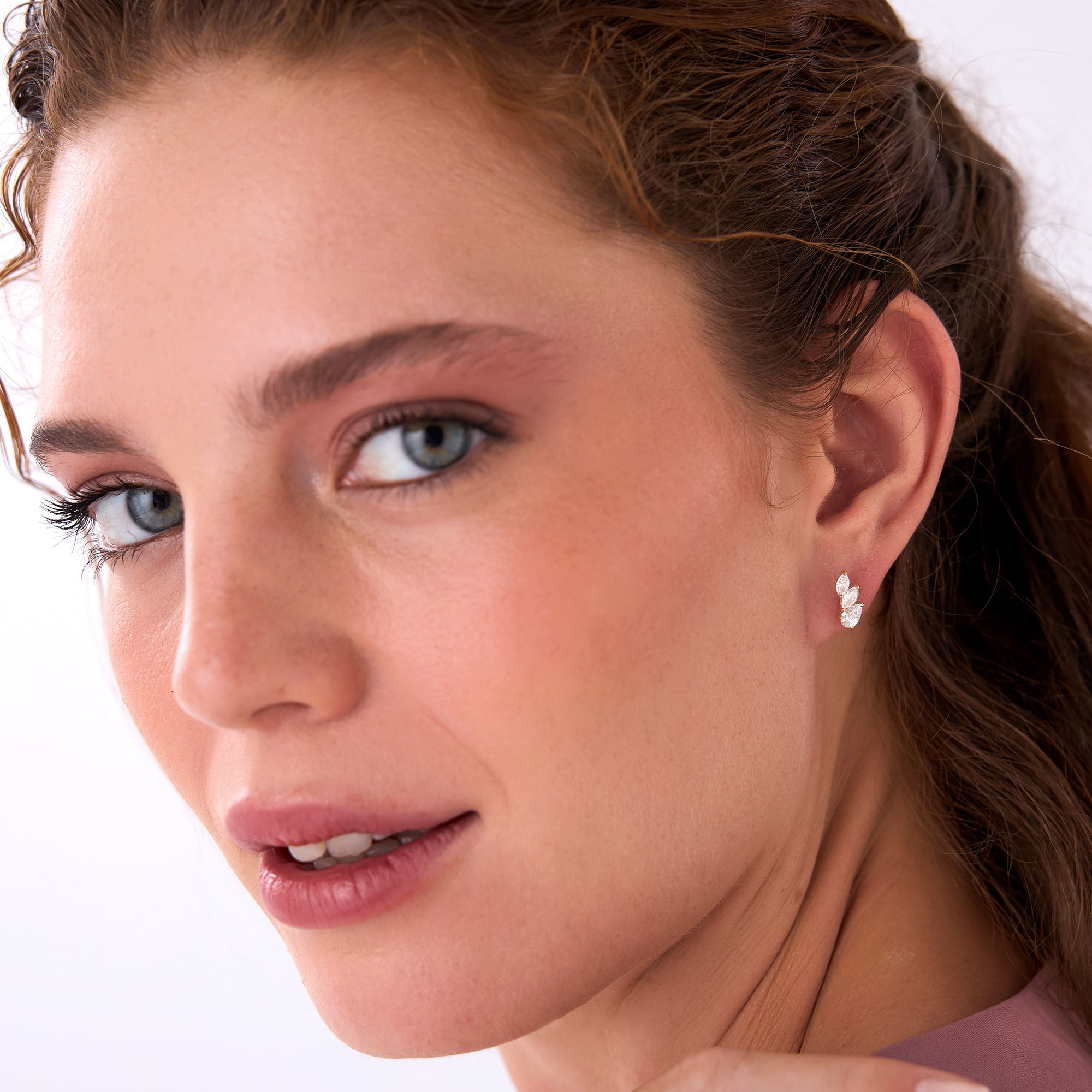 OBFJ0502 - 1.00 Ctw Prong Setting Lab Grown Mixed Shape Triple Cluster Stud Earrings - Caia earrings in selectable metal and diamond options - Roselle Jewelry view 2