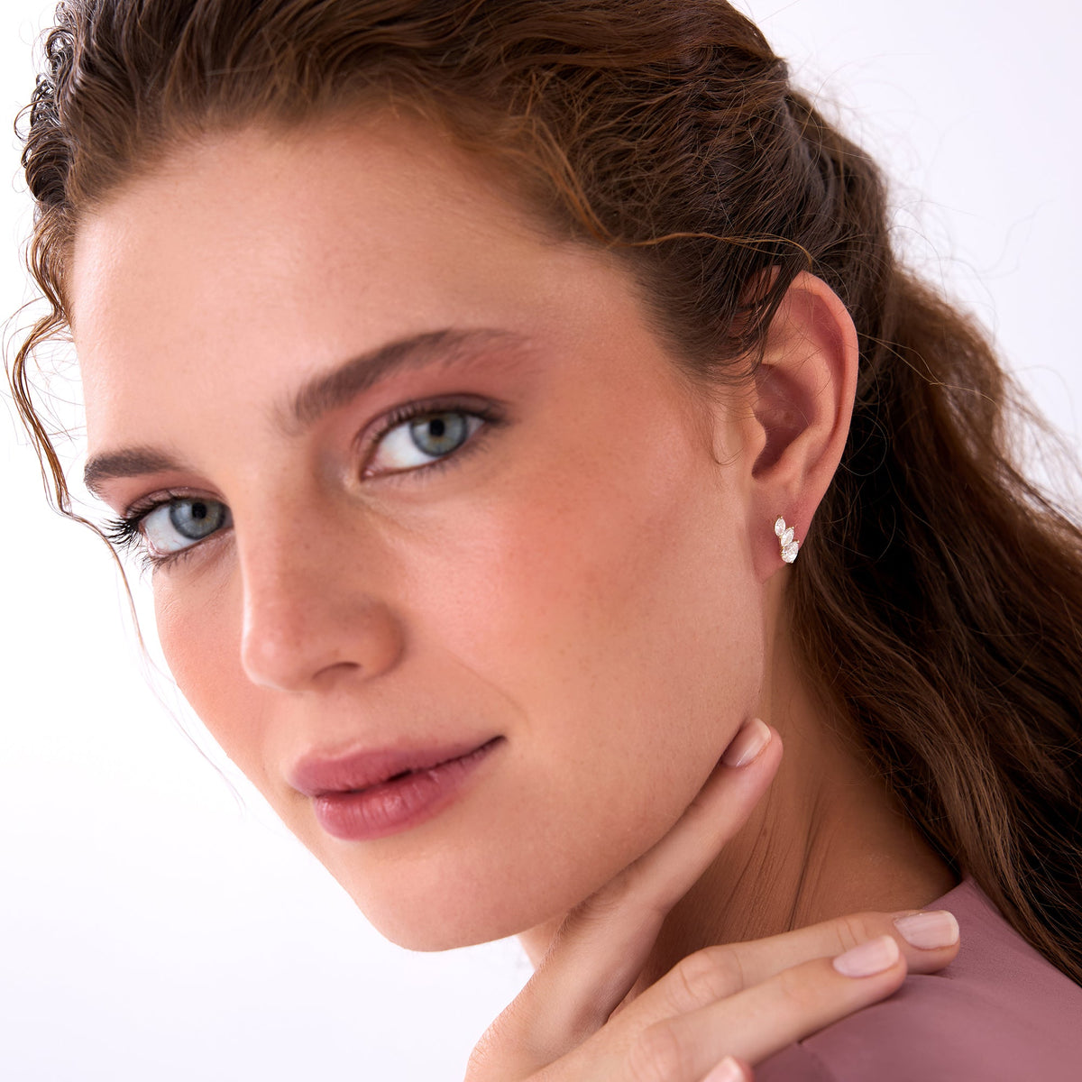 OBFJ0502 - 1.00 Ctw Prong Setting Lab Grown Mixed Shape Triple Cluster Stud Earrings - Caia earrings in selectable metal and diamond options - Roselle Jewelry view 4
