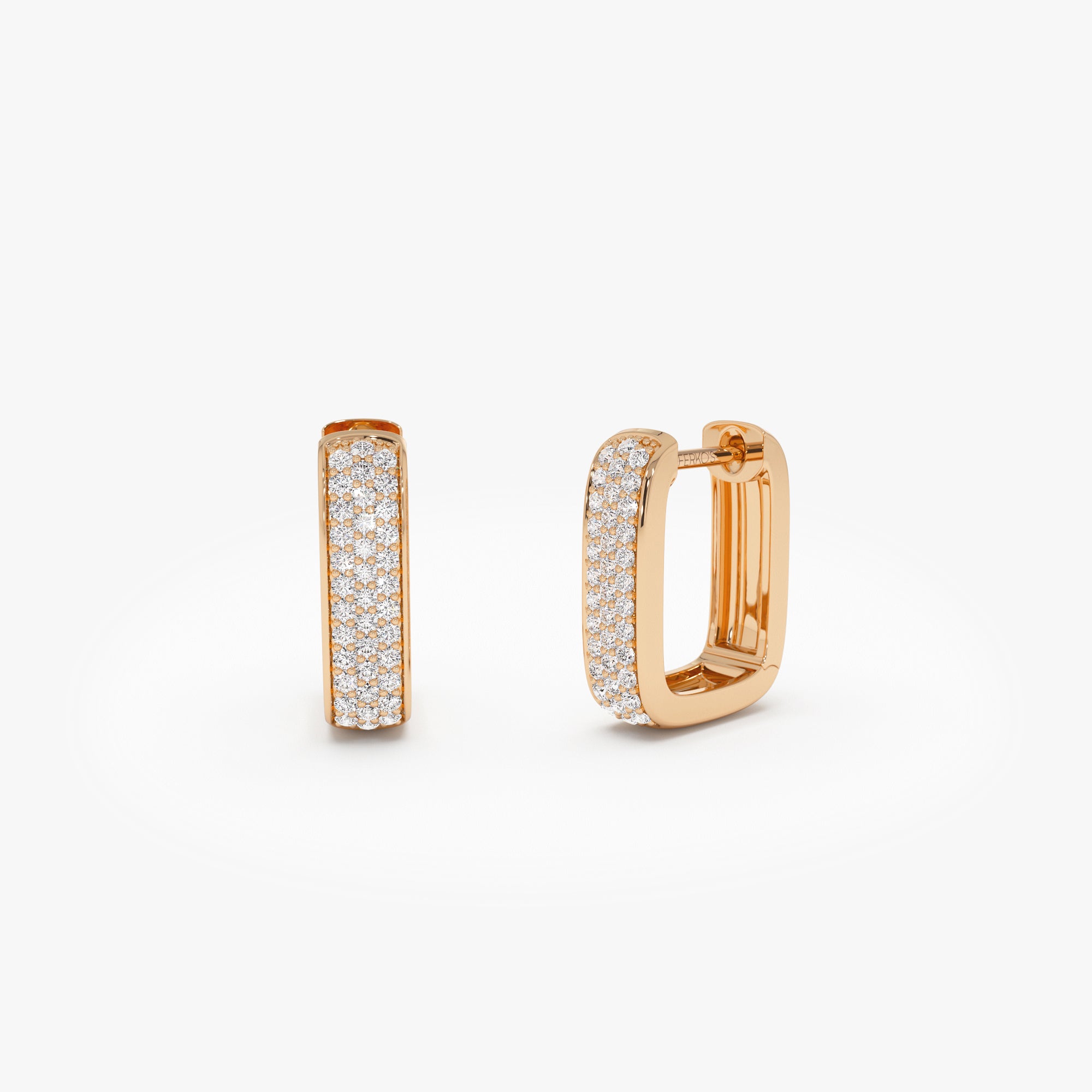 OBFJ0623 - 14k Diamond Pave Huggie Earrings Square Gold Hoops 7