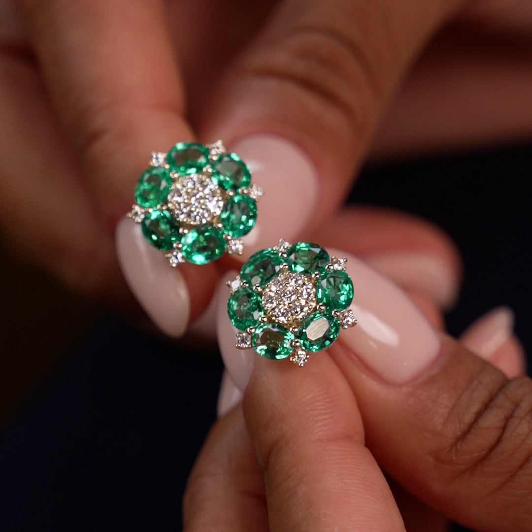 OBFJ0369 - 4.70 Ctw 14k Lab Grown  Emerald and Diamond Cluster Stud Earrings - Brina 4