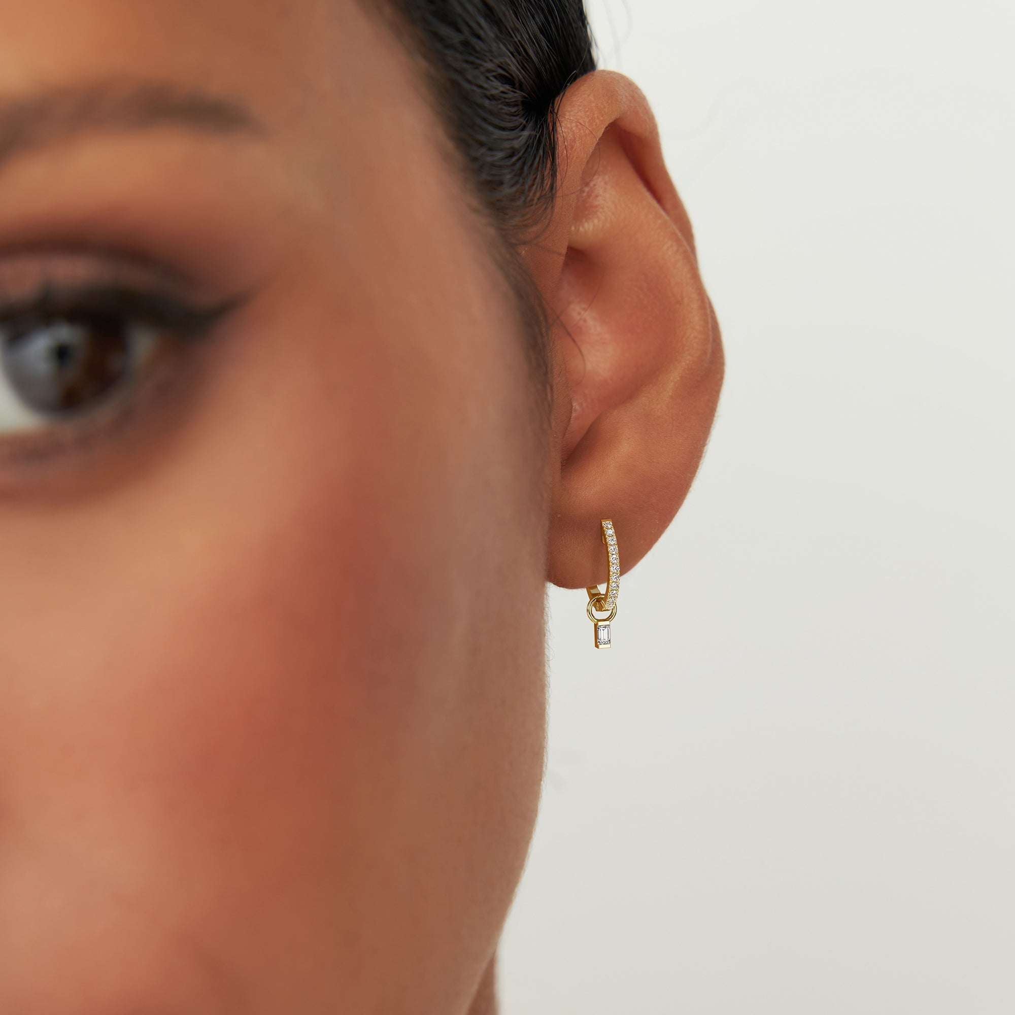 OBFJ1071 - Single Baguette Hoop Charm earrings in selectable metal and diamond options - Roselle Jewelry view 2