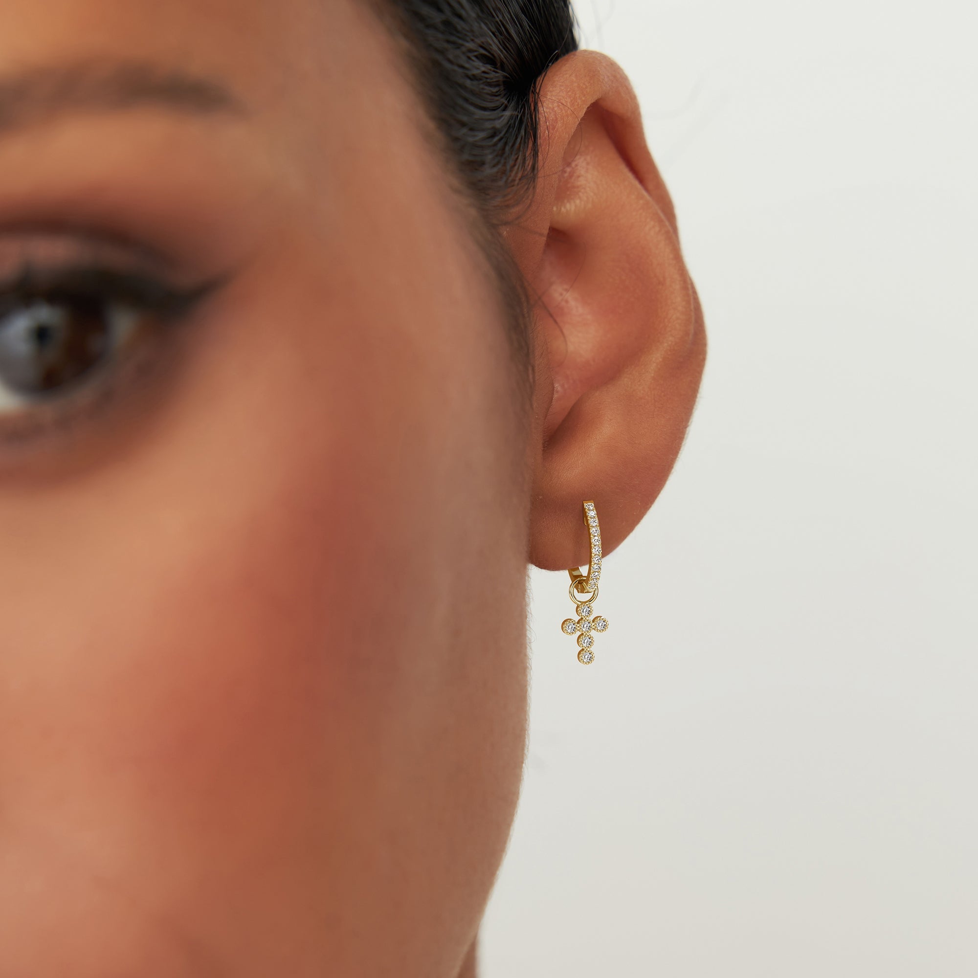 OBFJ1067 - Diamond Cross Hoop Charm earrings in selectable metal and diamond options - Roselle Jewelry view 2