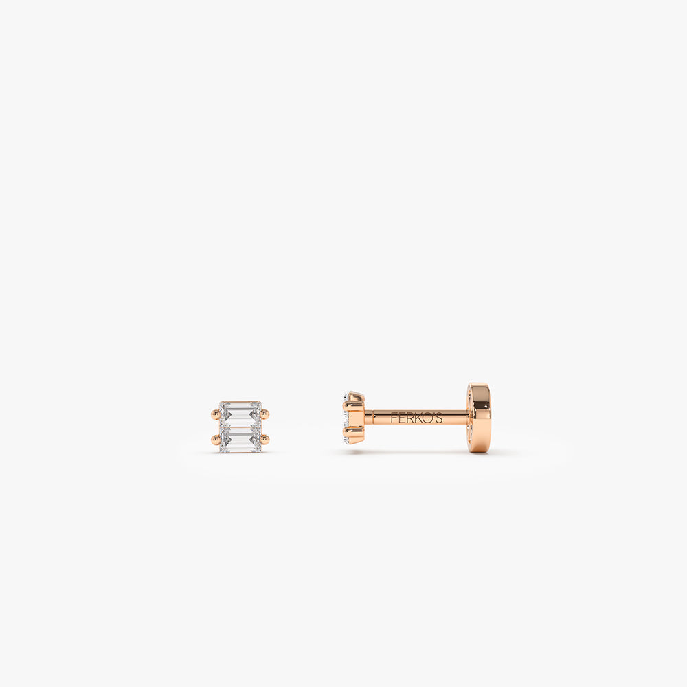 OBFJ0291 - 14K Gold Double Baguette Diamond Flat Back Piercing Stud 3