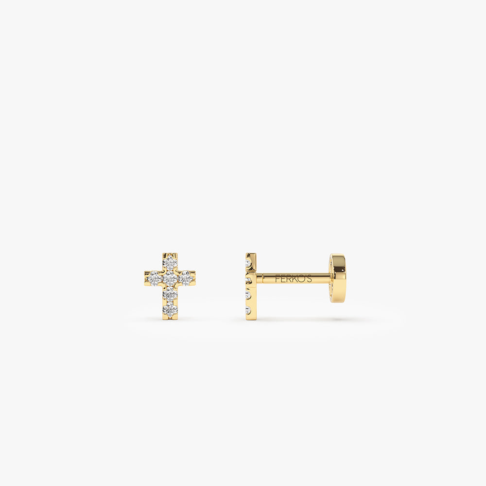 OBFJ0290 - 14K Gold Diamond Cross Flat Back Piercing Stud 1