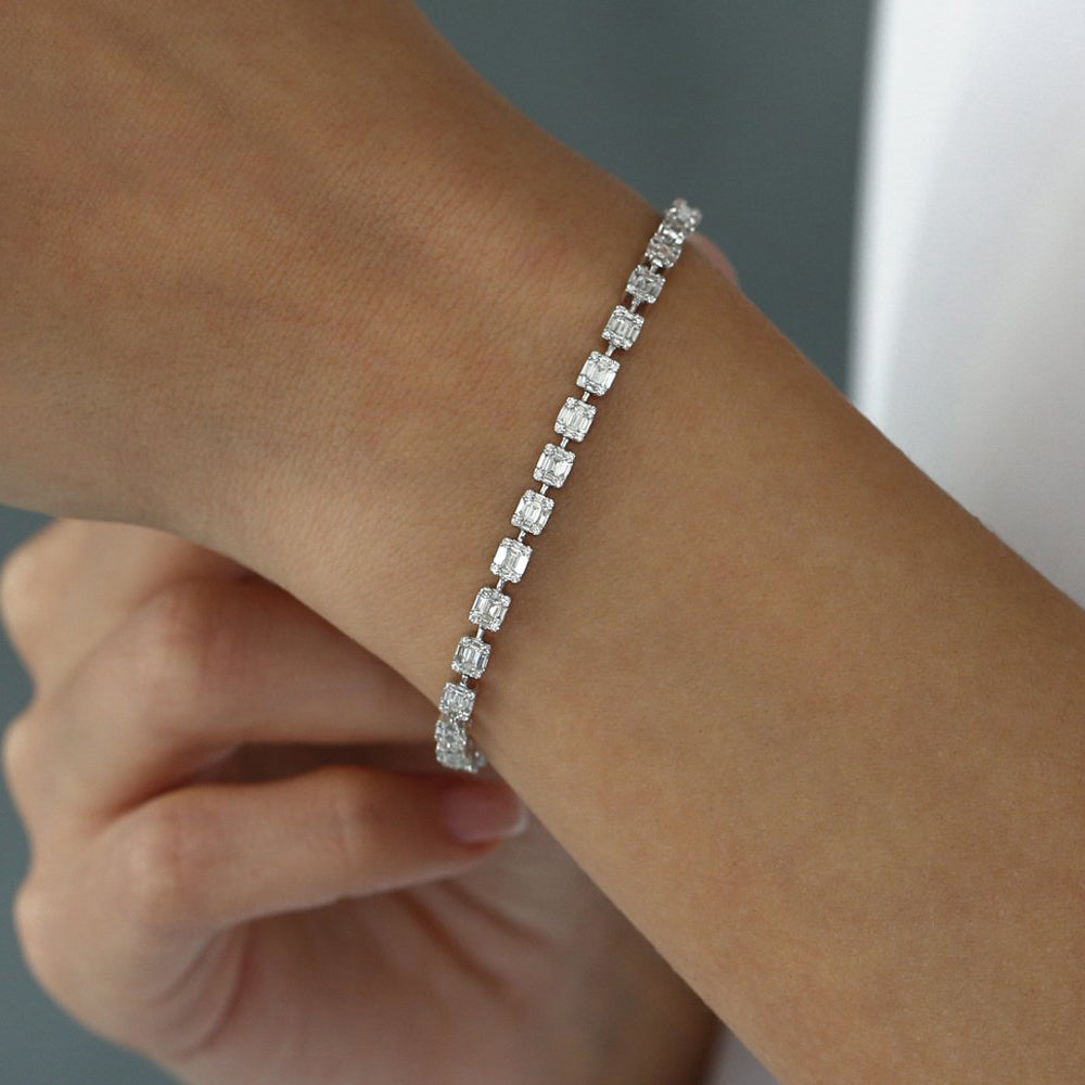 OBFJ2044 - Baguette and Round Diamond Illusion Setting Tennis Bracelet bracelets in selectable metal and diamond options - Roselle Jewelry view 3