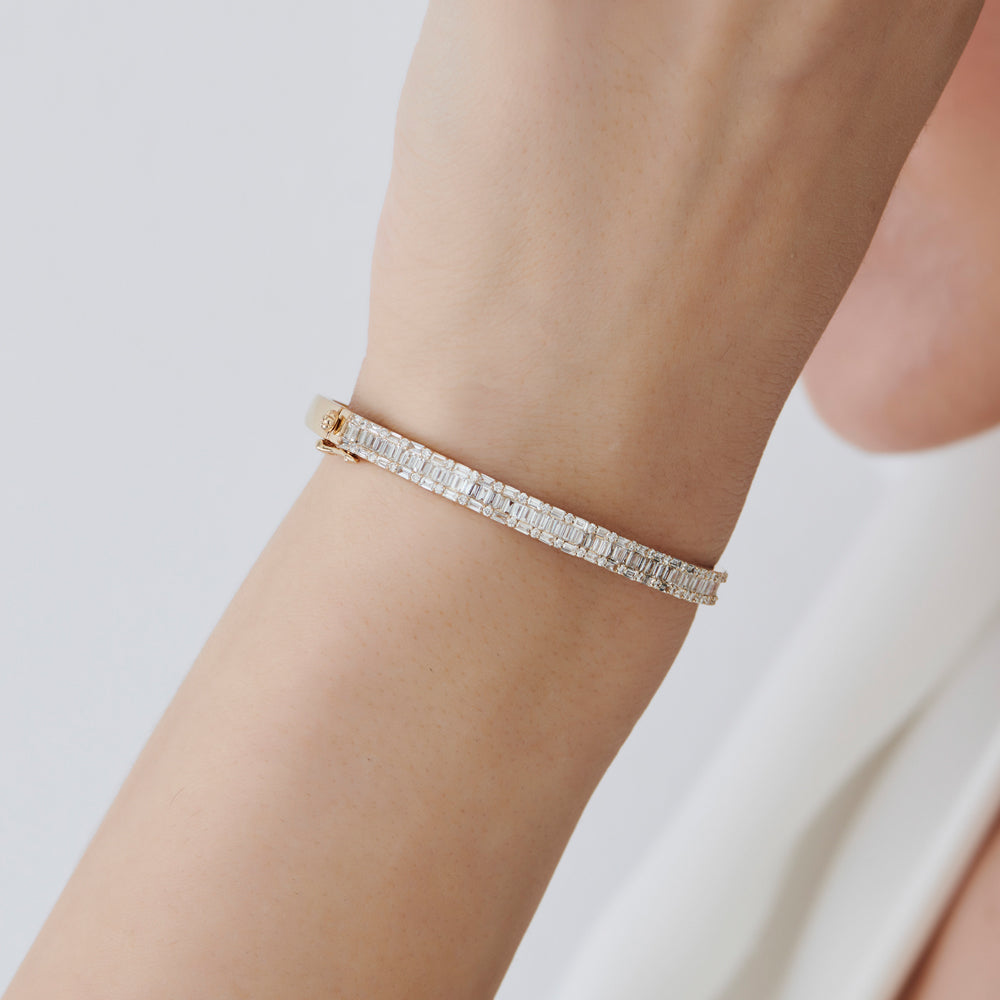 OBFJ1452 - 14k Baguette and Round Brilliant Micro Pave Statement Bangle Bracelet 7