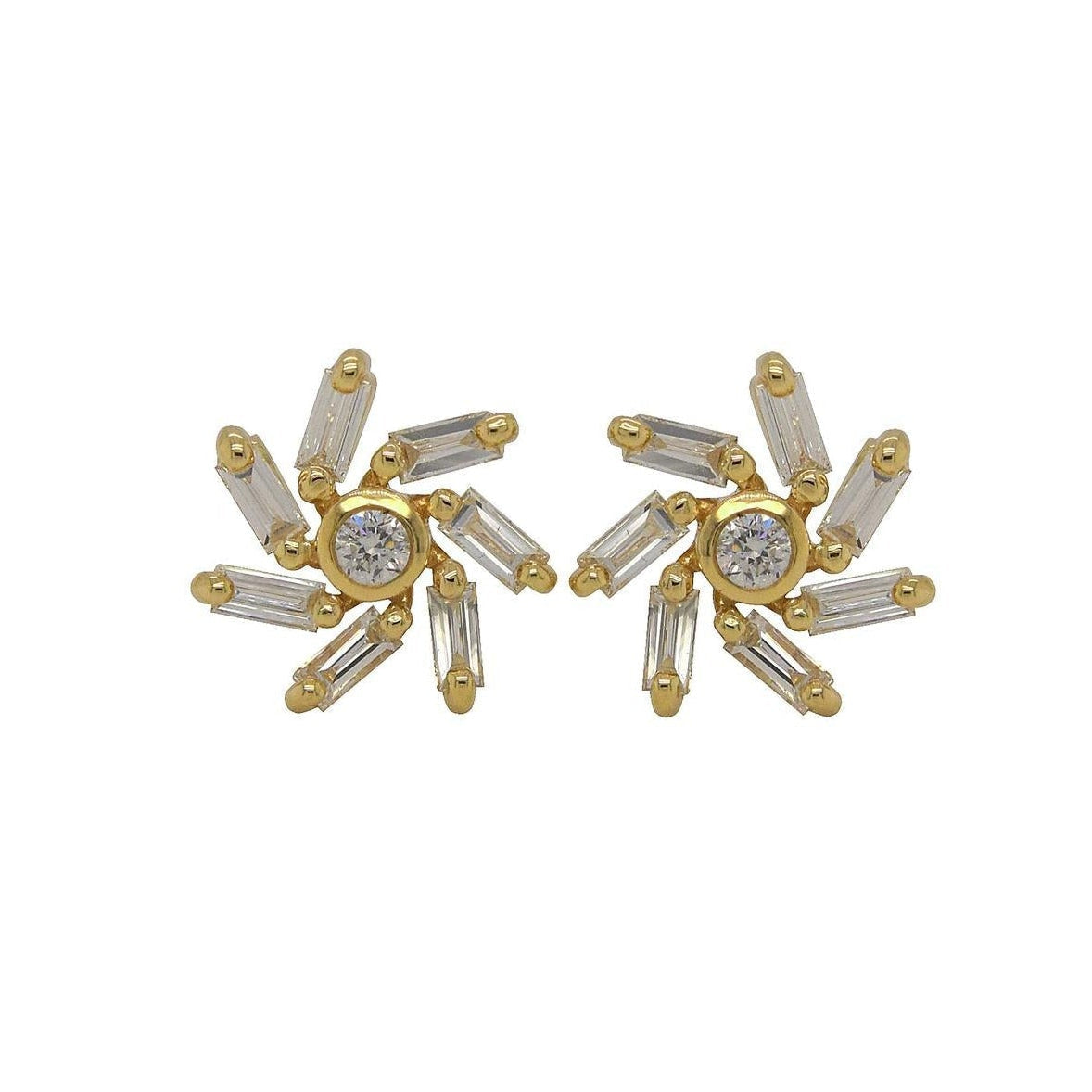 OBFJ0047 - 14K Gold Baguette & Round Diamond Starburst Earrings 1
