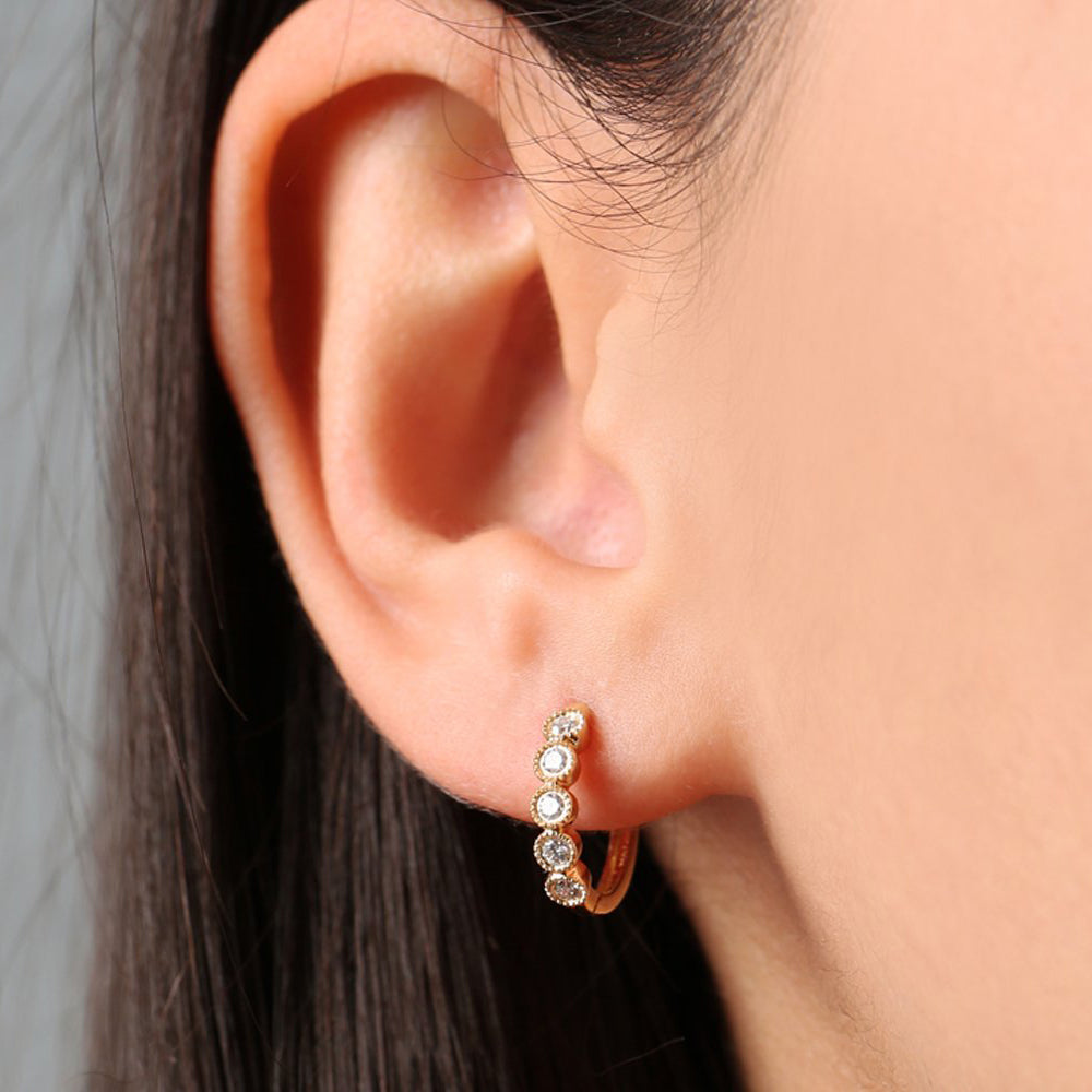 OBFJ0142 - 14K Rose Gold Bezel Setting Diamond Huggie Earrings 4
