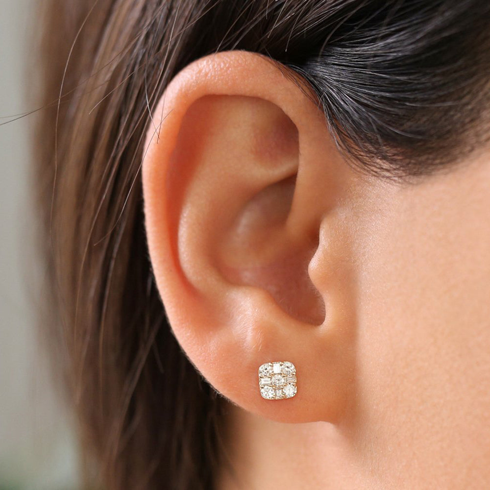 OBFJ1980 - Square Baguette and Round Diamond Earrings earrings in selectable metal and diamond options - Roselle Jewelry view 3