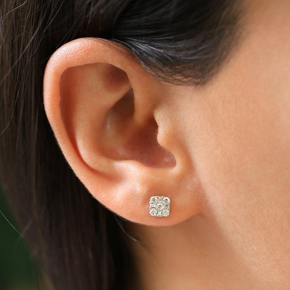 OBFJ0151 - 14k Rose Square Baguette and Round Diamond Earrings 2