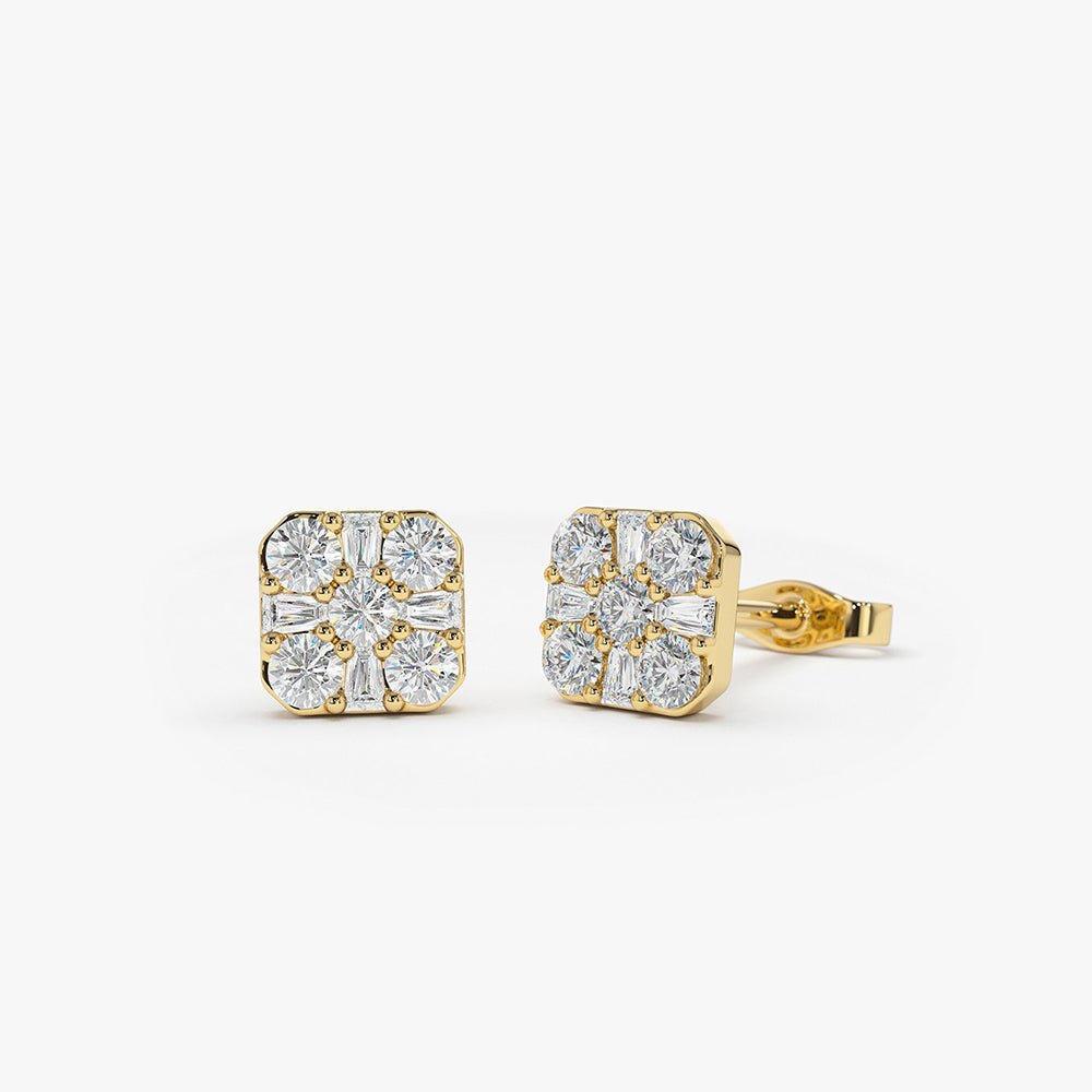 OBFJ1980 - Square Baguette and Round Diamond Earrings earrings in selectable metal and diamond options - Roselle Jewelry view 1