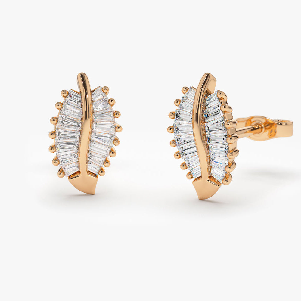 OBFJ0294 - 14k Baguette Diamond Leaf Earrings 5