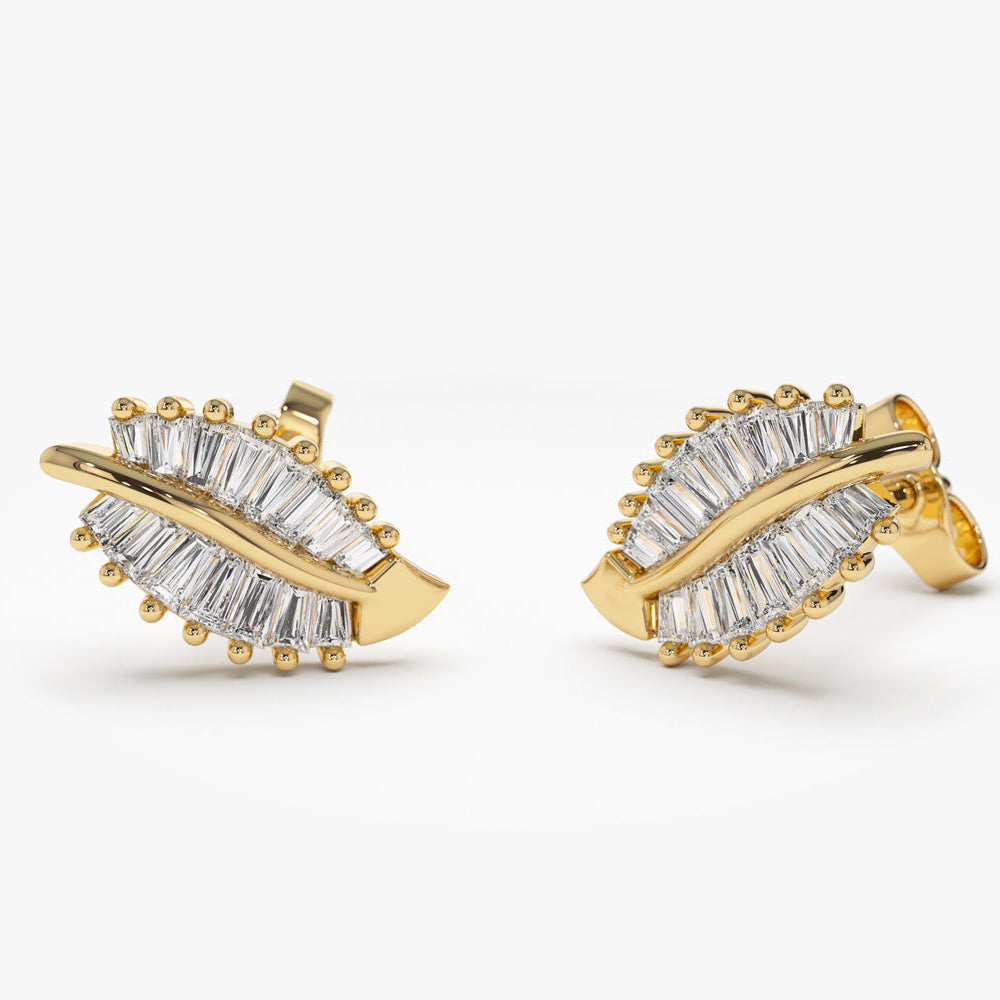 OBFJ0294 - 14k Baguette Diamond Leaf Earrings 7