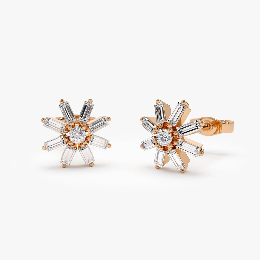 OBFJ0119 - 14k Rose Floral Design Baguette Diamond Stud Earrings 1