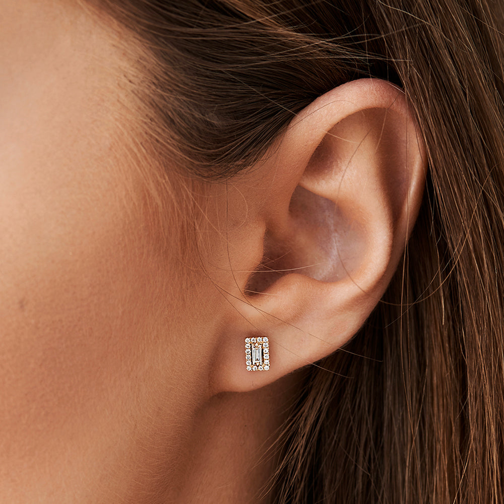 OBFJ0163 - Rose Baguette Diamond Halo Setting Diamond Studs earrings in selectable metal and diamond options - Roselle Jewelry view 3