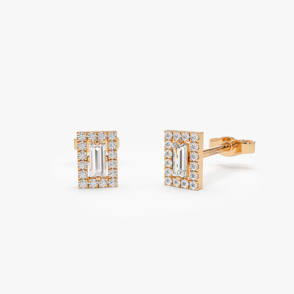 OBFJ0163 - Rose Baguette Diamond Halo Setting Diamond Studs earrings in selectable metal and diamond options - Roselle Jewelry view 1
