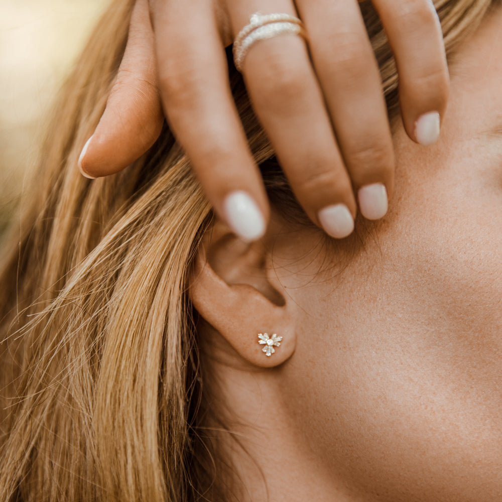 OBFJ2145 - Triangle Shaped Tapered Baguette Diamond Stud earrings in selectable metal and diamond options - Roselle Jewelry view 5