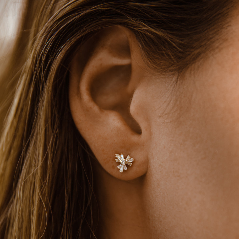 OBFJ2145 - Triangle Shaped Tapered Baguette Diamond Stud earrings in selectable metal and diamond options - Roselle Jewelry view 4