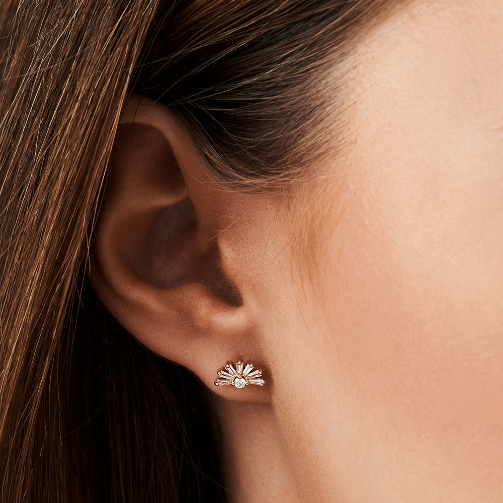 OBFJ2141 - Half Round Tapered Baguette Diamond Studs earrings in selectable metal and diamond options - Roselle Jewelry view 2