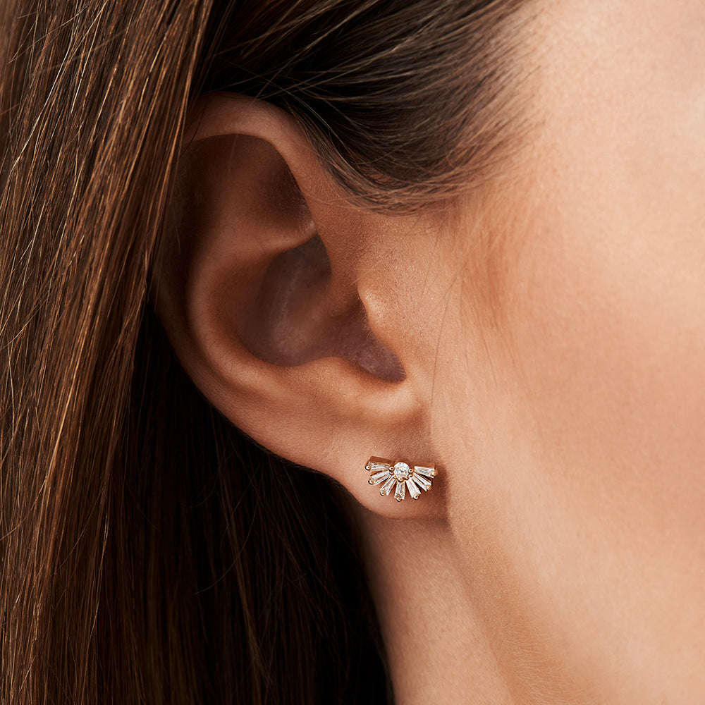 OBFJ2141 - Half Round Tapered Baguette Diamond Studs earrings in selectable metal and diamond options - Roselle Jewelry view 3