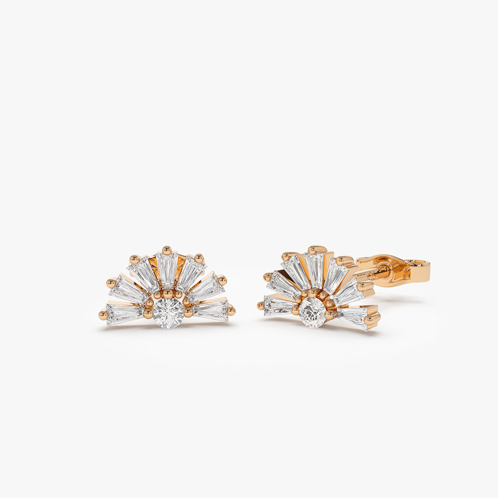 OBFJ2141 - Half Round Tapered Baguette Diamond Studs earrings in selectable metal and diamond options - Roselle Jewelry view 4