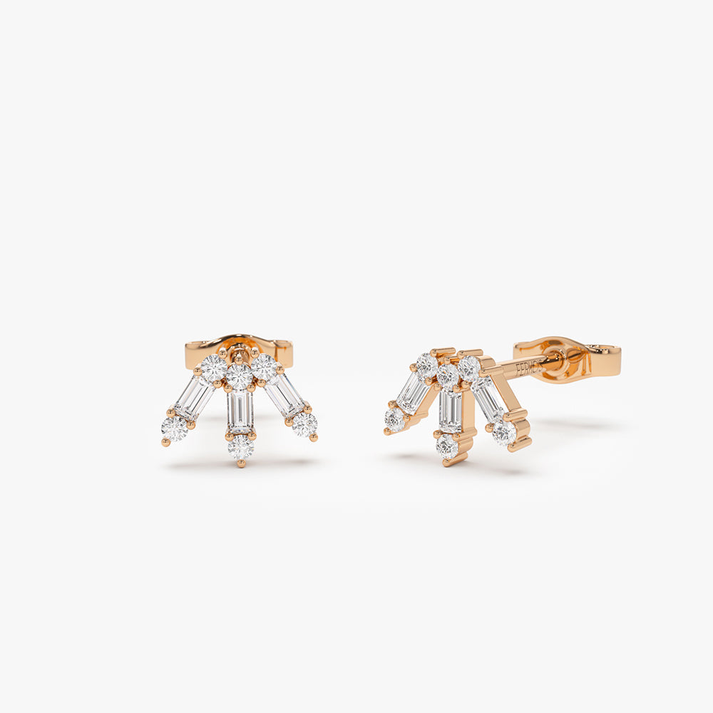 OBFJ2130 - 14k Baguette and Round Diamond Spike Studs 4