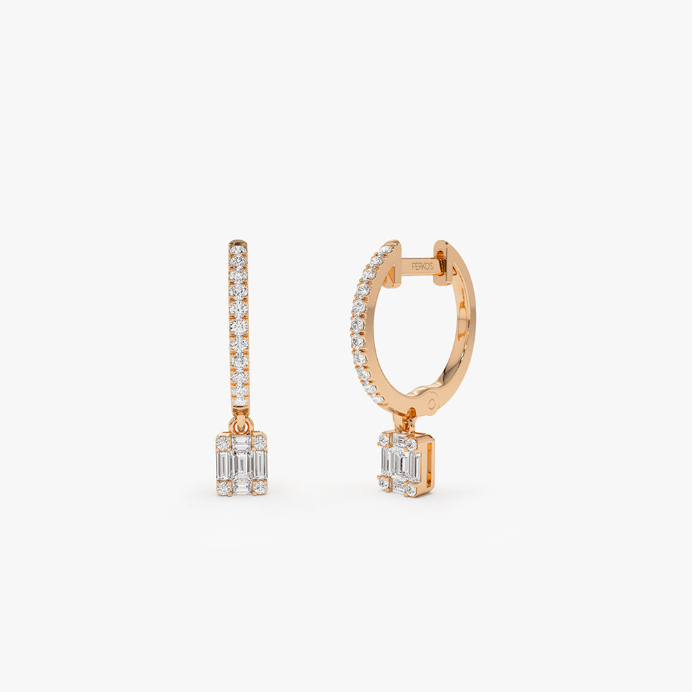 OBFJ2137 - 14k Diamond Huggie Earrings with Dangling Illusion Set Baguette Diamonds 5