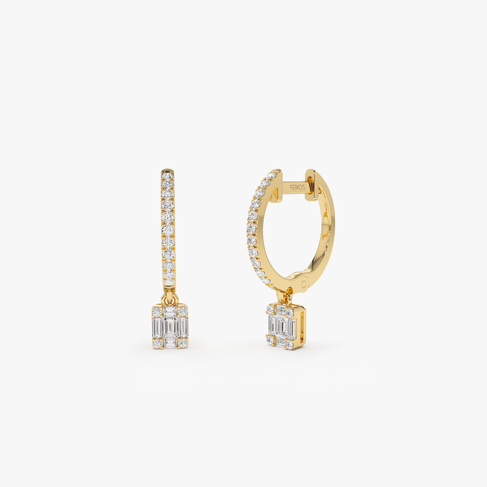 OBFJ2137 - 14k Diamond Huggie Earrings with Dangling Illusion Set Baguette Diamonds 1
