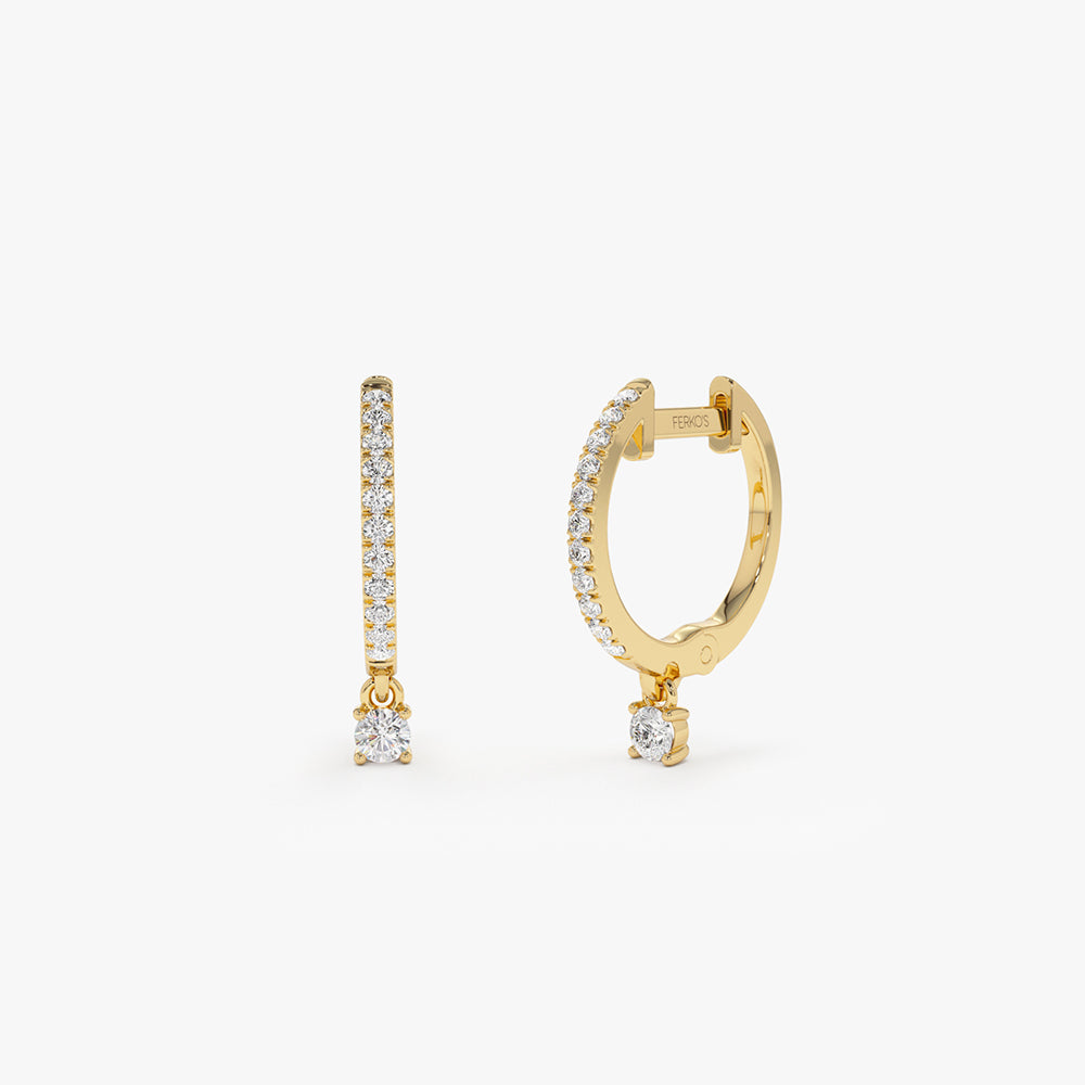 OBFJ2134 - 14k Diamond Huggies with a Dangling Round Diamond 1